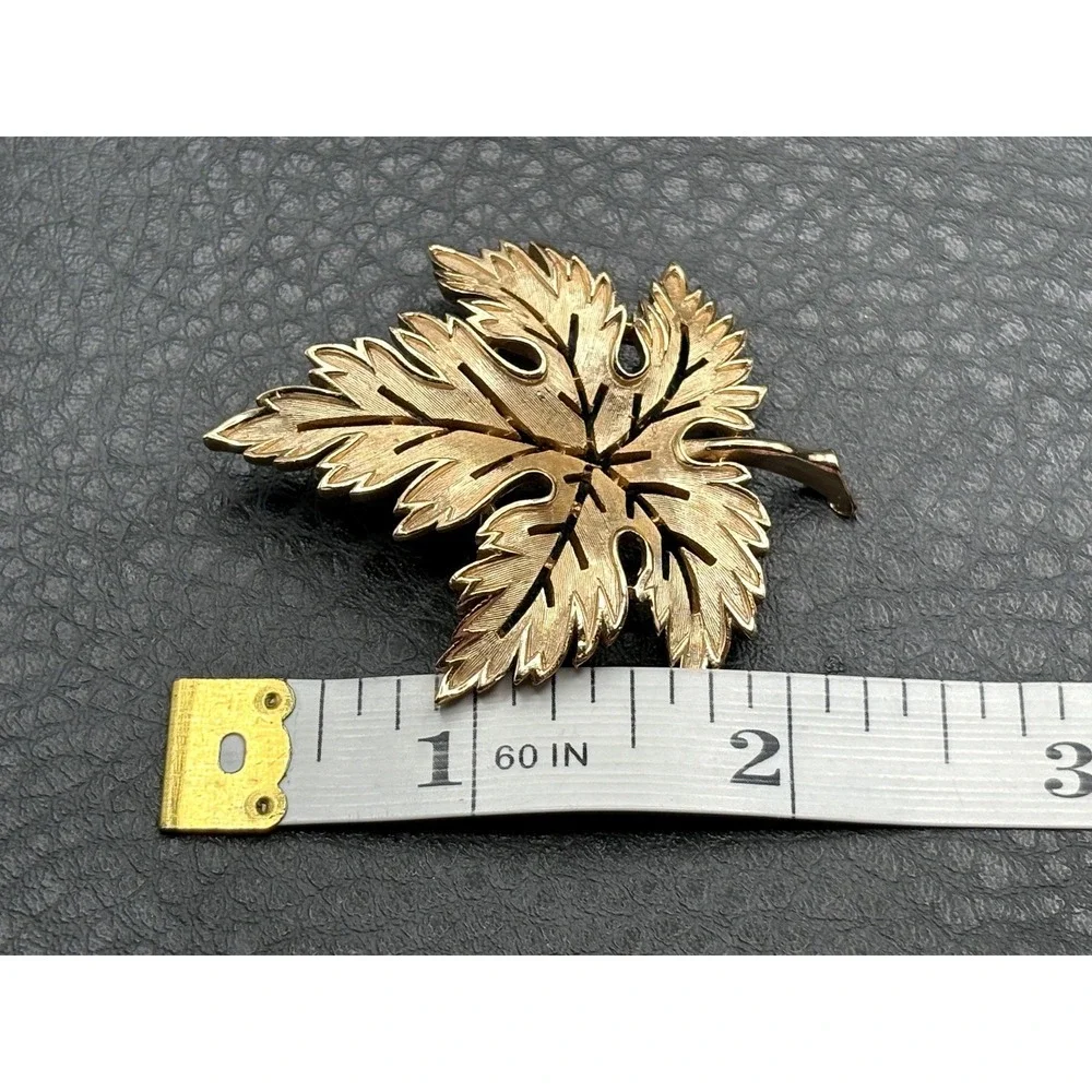 Crown Trifari Maple Leaf Brooch Brushed Gold Tone Vintage Designer Pin